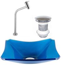 Cuba de vidro retangular chanfrada 37cm azul escuro + válvula click + torneira Cuba de vidro retangular chanfrada 37cm azul escuro + válvula click + torneira