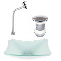 Cuba de vidro retangular chanfrada 37cm branco + válvula click + torneira