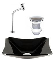Cuba de vidro retangular chanfrada 37cm preto + válvula click + torneira
