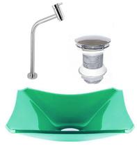 Cuba de vidro retangular chanfrada 37cm verde + válvula click + torneira Cuba de vidro retangular chanfrada 37cm verde + válvula click + torneira