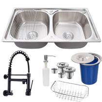 Cuba dupla aço inox 304 + torneira de parede preta e lixeira Cuba dupla aço inox 304 + torneira de parede preta e lixeira