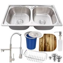Cuba dupla aço inox 304 + torneira escovada tábua e lixeira Cuba dupla aço inox 304 + torneira escovada tábua e lixeira