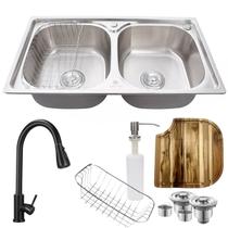 Cuba dupla aço inox 304 + torneira extensível preta e tábua