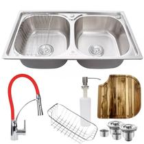 Cuba dupla aço inox 304 + torneira flexível vermelha e tábua Cuba dupla aço inox 304 + torneira flexível vermelha e tábua