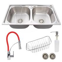 Cuba dupla aço inox escovado com torneira flexível vermelha