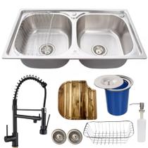 Cuba dupla aço inox escovado +torneira black tábua e lixeira