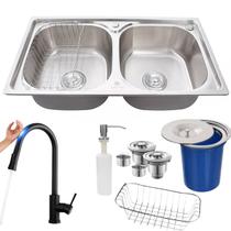 Cuba dupla cozinha inox304 + torneira touch preta e lixeira