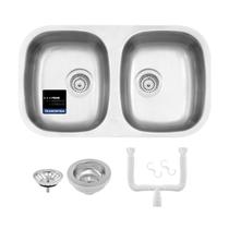 Cuba Dupla de Embutir Tramontina Isis 2C 34 BL em Aço Inox Escovado Acetinado 77x45 cm Válvula Tramontina e Sifão Duplo Cuba Dupla de Embutir Tramontina Isis 2C 34 BL em Aço Inox Escovado Acetinado 77x45 cm Válvula Tramontina e Sifão Duplo