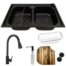 Cuba dupla em inox black + torneira extensível preta e tábua Cuba dupla em inox black + torneira extensível preta e tábua