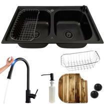 Cuba Dupla Gourmet aço Inox Preta com Torneira Touch e tábua Cuba Dupla Gourmet aço Inox Preta com Torneira Touch e tábua