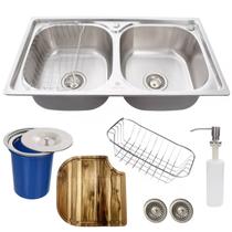 Cuba dupla gourmet em aço inox escovado com tábua e lixeira