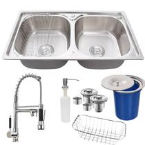 Cuba Dupla Gourmet Inox 304 + Lixeira 5l E Torneira Cromada