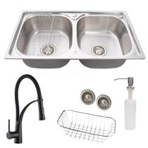 Cuba dupla gourmet inox escovado com torneira flexível preta Cuba dupla gourmet inox escovado com torneira flexível preta