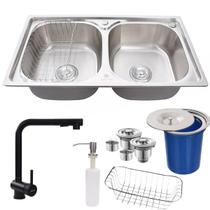 Cuba dupla inox 304 com torneira extensível preta e lixeira