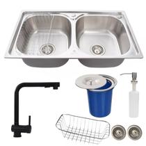 Cuba dupla inox escovado+torneira extensível preta e lixeira Cuba dupla inox escovado+torneira extensível preta e lixeira
