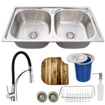 Cuba dupla inox escovado + torneira flexível tábua e lixeira Cuba dupla inox escovado + torneira flexível tábua e lixeira