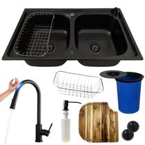 Cuba Dupla Inox Preta + Torneira Touch PRETA Lixeira E Tábua