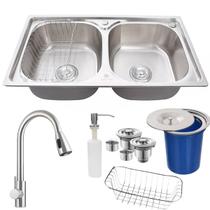Cuba dupla inox304 +torneira extensível e lixeira de embutir