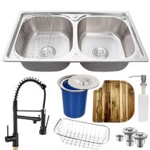 Cuba dupla inox304 + torneira gourmet preta tábua e lixeira