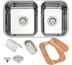 Cuba Dupla Retangular Inox 69x40 Tabua Madeira e Cesto Cuba Dupla Retangular Inox 69x40 Tabua Madeira e Cesto