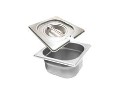CUBA Gastronômica Em INOX GN 1/6x65 mm 900 ml + TAMPA INOX Com ABERTURA Para COLHERES e CONCHAS ZAHAV