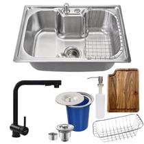 Cuba gourmet 60x42 inox 304 + torneira preta tábua e lixeira