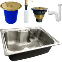Cuba Gourmet Inox 304 60x42 Com Lixeira De Embutir 5 Litros Dourada Porta Detergente 350ml Valvula E Sifão Flexivel Kit Pia 5 Peças Kit Pia Cozinha