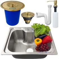 Cuba Gourmet Inox 50x40 Com Lixeira De Embutir 5 Litros Dourada Porta Detergente 500ml Valvula E Sifão Flexivel Universal Kit Pia Cozinha Completa