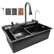 Cuba Gourmet Inox Premium Pia Inteligente Cozinha Torneira Cascata Agua Quente Fria Painel Digital Monocomando Dispenser Limpador de Copo Area Externa