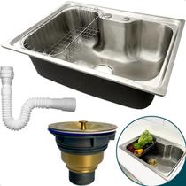 Cuba Inox 304 Cozinha Gourmet 60x42 Sobrepor Pia Bancada Com Cesto Escorredor Valvula Higienica Dourada E Sifão Flexivel Universal