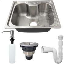 Cuba Inox 304 Pia Cozinha Gourmet 50x40 Sobrepor Bancada Com Cesto Escorredor Dispenser Dosador 350ml Valvula Higienica E Sifão Flexivel Universal