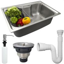 Cuba Inox 304 Pia Cozinha Gourmet 60x42 Sobrepor Bancada Com Cesto Escorredor Dispenser Dosador 350ml Valvula Higienica E Sifão Flexivel Universal