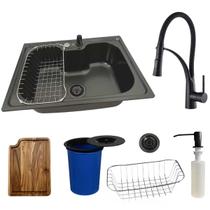 Cuba inox black 50x40cm + torneira flexível tábua e lixeira Cuba inox black 50x40cm + torneira flexível tábua e lixeira