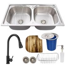 Cuba inox dupla escovada torneira extensível tábua e lixeira