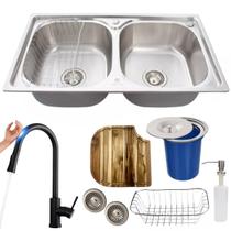 Cuba inox dupla escovada +torneira touch preta tábua lixeira