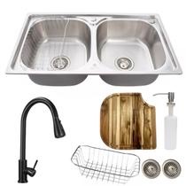 Cuba inox escovada dupla + torneira extensível preta e tábua
