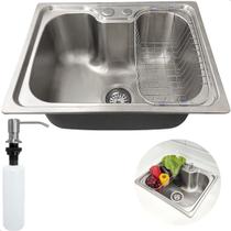 Cuba Inox Escovado 50x40 Para Pia Cozinha Gourmet Com Cesto Escorredor E Porta Detergente Dispenser 350ml Embutir ou Sobrepor Bancada Granito Marmore