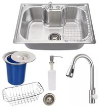 Cuba inox escovado 60x42cm com torneira extensível e lixeira
