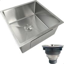 Cuba Inox Gourmet 40x40 cm Quadrada De Embutir Sobrepor Bancada E Valvula Higiênica 4 1/2” Com Cesto Removível Aço Inox Pia Cozinha