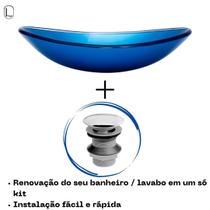 Cuba oval de vidro temperado 47cm + válvula inteligente click inox p/ banheiros e lavabos - acabamento brilhante - Lopazzi