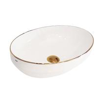 Cuba para Banheiro Cerâmica Branca e Dourada Oval 50cm Reno RC 181