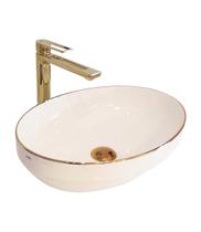 Cuba para Banheiro Cerâmica Branca e Dourada Oval 50cm Reno RC 181