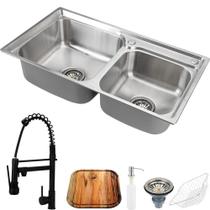 Cuba para cozinha gourmet pia dupla aço inox acessórios tábua corte Torneira gourmet Preta Pingoo