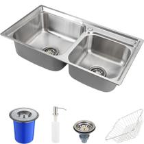 Cuba para cozinha gourmet pia dupla aço inox com acessórios e lixeira Ticunas Pingoo.casa