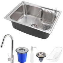 Cuba para cozinha pia com acessórios e lixeira Matis e Torneira monocomando gourmet Iriri Pingoo.casa - Escovado