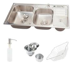 Cuba Para Cozinha Pia Dupla Aço Inox Acessórios E Lixeira Nukini Pingoo.Casa - Prata Escovado Cuba Para Cozinha Pia Dupla Aço Inox Acessórios E Lixeira Nukini Pingoo.Casa - Prata Escovado