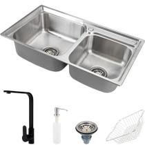 Cuba para cozinha pia dupla com acessórios e Ticunas e Torneira monocomando gourmet Tapajós Preta Pingoo.casa