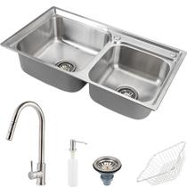 Cuba para cozinha pia dupla com acessórios Ticunas e Torneira monocomando gourmet Iriri Pingoo.casa - Escovado