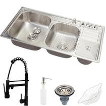 Cuba para cozinha pia dupla em aço inox acessórios lixeira Torneira Gourmet Munim Preta PIngoo.casa