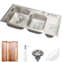 Cuba para cozinha pia dupla em aço inox Nukini com acessórios lixeira e Tábua de corte